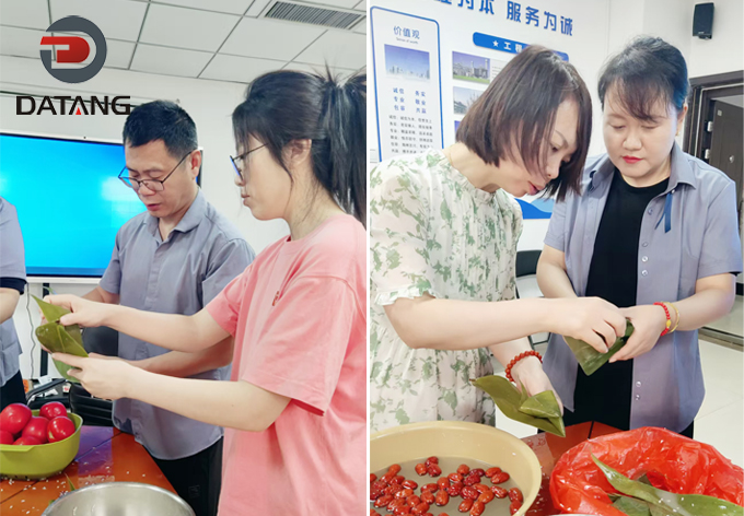 An experienced colleague teaching a new teammate how to wrap rice dumplings at Datang Finned Tube- showing teamwork and mentoring