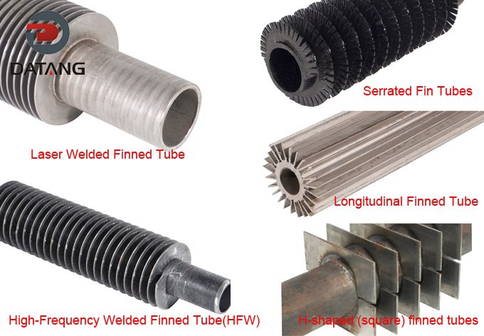 Comprehensive product catalog of welded fin tubes, showcasing HFRW spiral fins, laser-welded serrated fins, H-shaped square finned tubes, and longitudinal welded fin tubes with specifications