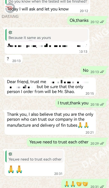 Feedback from an Iranian client regarding the purchase of internally finned tubes